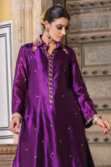 Label Niti Bothra_Purple Silk Pearls, Sequins, Zari Shawl Embroidered Banarasi Kurta And Palazzo Set_at_Aza_Fashions