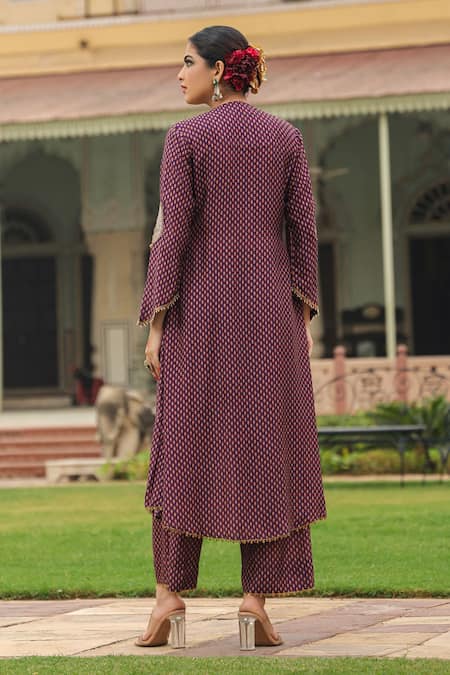 Shop_Label Niti Bothra_Purple Silk Pearls, Applique Round Neck Printed Gathered Kurta And Palazzo Set _at_Aza_Fashions