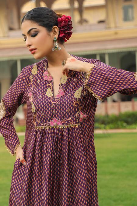 Label Niti Bothra_Purple Silk Pearls, Applique Round Neck Printed Gathered Kurta And Palazzo Set _Online_at_Aza_Fashions