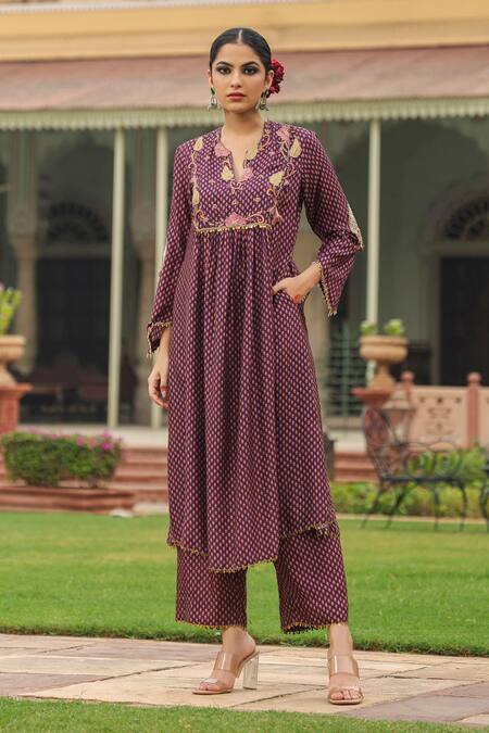Buy_Label Niti Bothra_Purple Silk Pearls, Applique Round Neck Printed Gathered Kurta And Palazzo Set _Online_at_Aza_Fashions