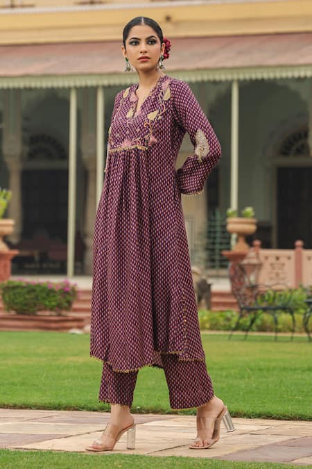 Shop_Label Niti Bothra_Purple Silk Pearls, Applique Round Neck Printed Gathered Kurta And Palazzo Set _Online_at_Aza_Fashions