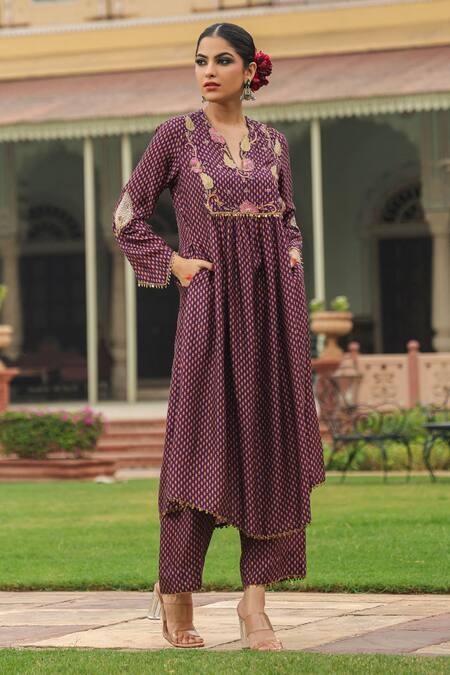 Label Niti Bothra_Purple Silk Pearls, Applique Round Neck Printed Gathered Kurta And Palazzo Set _at_Aza_Fashions