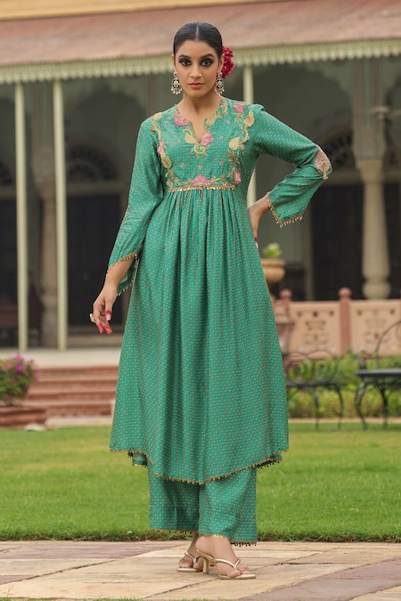 Label Niti Bothra Printed Gathered Silk Kurta & Palazzo Set 