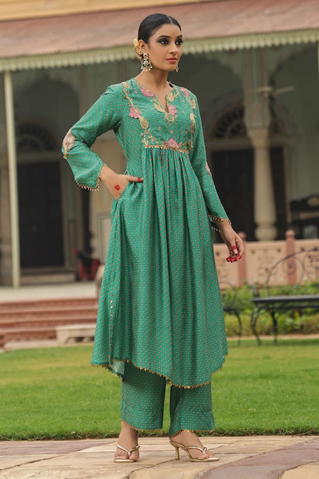 Shop_Label Niti Bothra_Green Silk Pearls, Applique Round Neck Geometric Print Kurta And Palazzo Set _at_Aza_Fashions