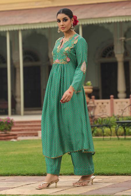 Buy_Label Niti Bothra_Green Silk Pearls, Applique Round Neck Geometric Print Kurta And Palazzo Set _Online_at_Aza_Fashions