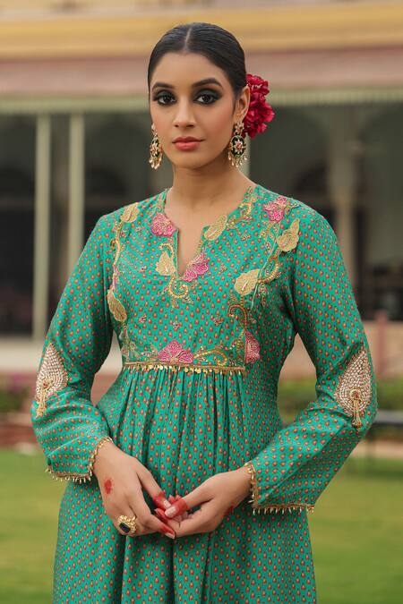 Shop_Label Niti Bothra_Green Silk Pearls, Applique Round Neck Geometric Print Kurta And Palazzo Set _Online_at_Aza_Fashions