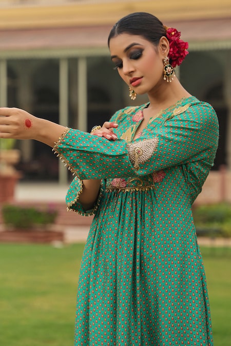 Label Niti Bothra_Green Silk Pearls, Applique Round Neck Geometric Print Kurta And Palazzo Set _at_Aza_Fashions