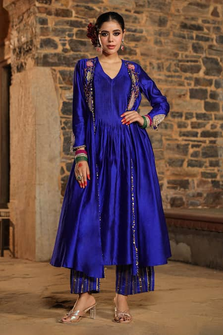 Label Niti Bothra Blue Pure Banarasi Spun Silk Woven And Embroidered Stripe Resham Anarkali Set 