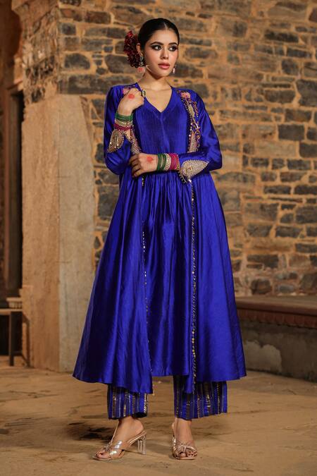 Label Niti Bothra_Blue Silk Pearls, Applique, Sequins V-neck Banarasi Embroidered Anarkali Set_Online_at_Aza_Fashions