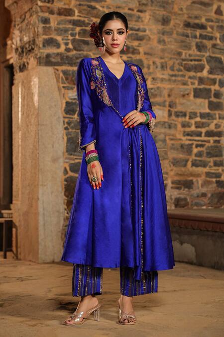 Buy_Label Niti Bothra_Blue Silk Pearls, Applique, Sequins V-neck Banarasi Embroidered Anarkali Set_Online_at_Aza_Fashions