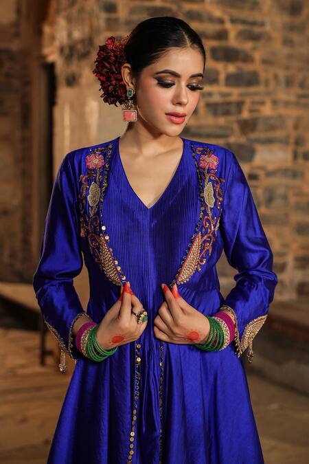 Shop_Label Niti Bothra_Blue Silk Pearls, Applique, Sequins V-neck Banarasi Embroidered Anarkali Set_Online_at_Aza_Fashions