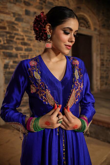 Label Niti Bothra_Blue Silk Pearls, Applique, Sequins V-neck Banarasi Embroidered Anarkali Set_at_Aza_Fashions