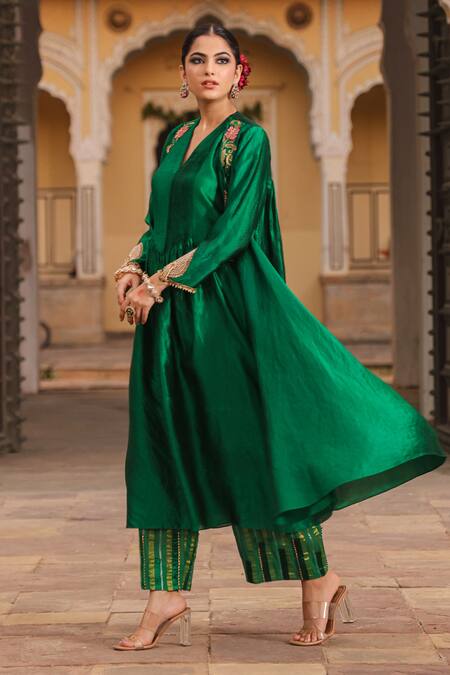 Label Niti Bothra_Green Silk Pearls, Embroidery, Zari V-neck, Resham Banarasi Jacket Anarkali Set_Online_at_Aza_Fashions