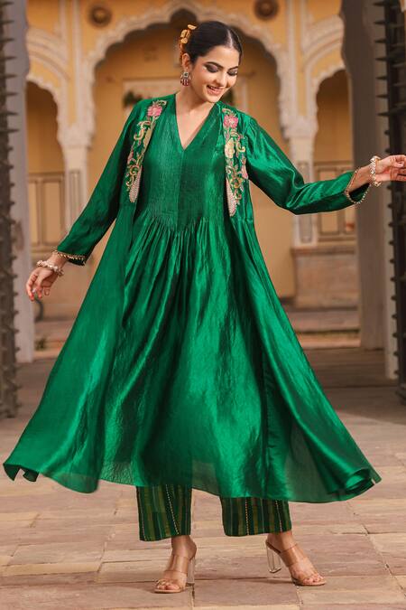 Buy_Label Niti Bothra_Green Silk Pearls, Embroidery, Zari V-neck, Resham Banarasi Jacket Anarkali Set_Online_at_Aza_Fashions