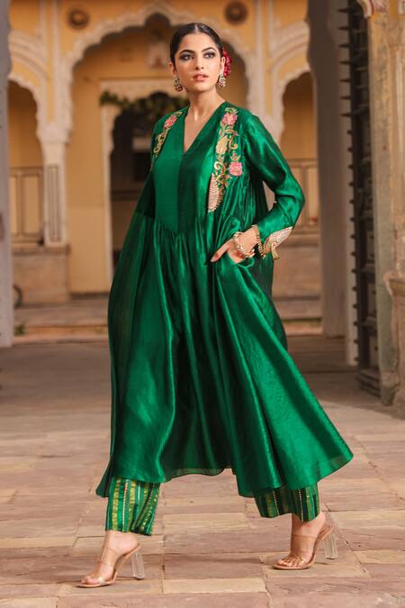 Shop_Label Niti Bothra_Green Silk Pearls, Embroidery, Zari V-neck, Resham Banarasi Jacket Anarkali Set_Online_at_Aza_Fashions