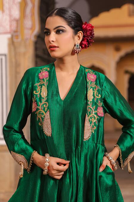 Label Niti Bothra_Green Silk Pearls, Embroidery, Zari V-neck, Resham Banarasi Jacket Anarkali Set_at_Aza_Fashions