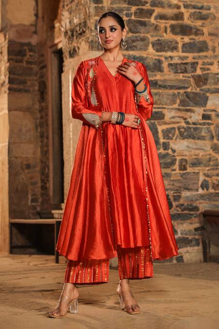 Label Niti Bothra_Orange Silk Pearls, Applique, Resham Work Banarasi Jacket Anarkali Set_Online_at_Aza_Fashions