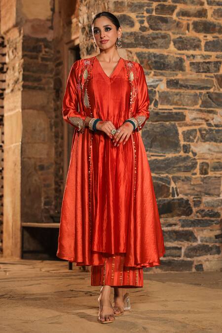 Buy_Label Niti Bothra_Orange Silk Pearls, Applique, Resham Work Banarasi Jacket Anarkali Set_Online_at_Aza_Fashions