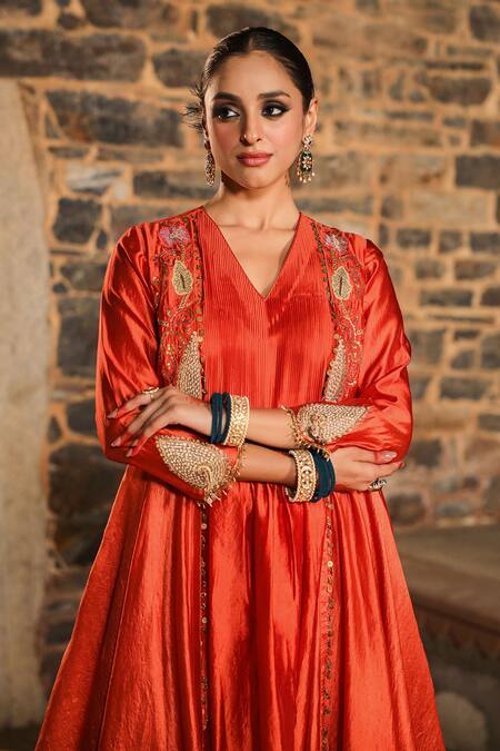 Shop_Label Niti Bothra_Orange Silk Pearls, Applique, Resham Work Banarasi Jacket Anarkali Set_Online_at_Aza_Fashions