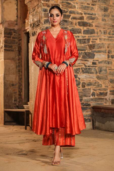 Label Niti Bothra_Orange Silk Pearls, Applique, Resham Work Banarasi Jacket Anarkali Set_at_Aza_Fashions
