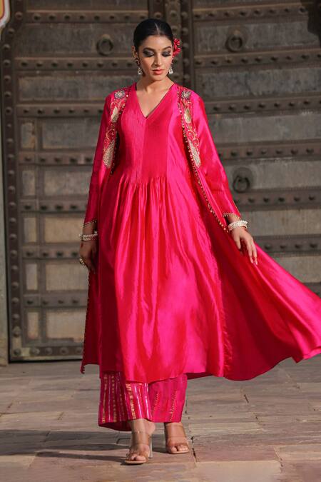 Label Niti Bothra_Pink Silk Pearls, Sequins, Embroidery Applique Banarasi Jacket Anarkali Set_Online_at_Aza_Fashions