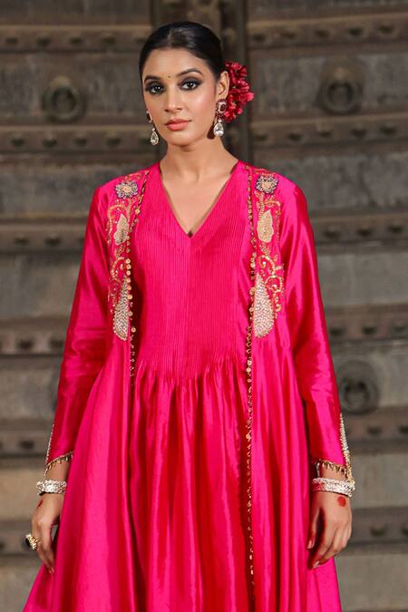 Buy_Label Niti Bothra_Pink Silk Pearls, Sequins, Embroidery Applique Banarasi Jacket Anarkali Set_Online_at_Aza_Fashions