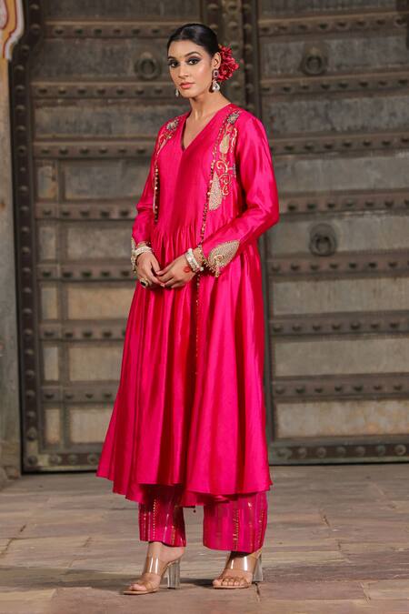 Label Niti Bothra_Pink Silk Pearls, Sequins, Embroidery Applique Banarasi Jacket Anarkali Set_at_Aza_Fashions