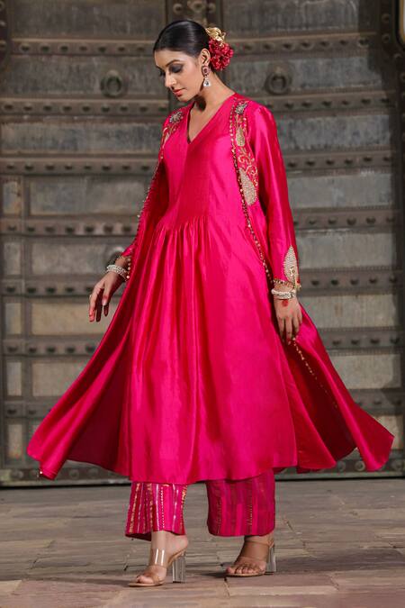Buy_Label Niti Bothra_Pink Silk Pearls, Sequins, Embroidery Applique Banarasi Jacket Anarkali Set