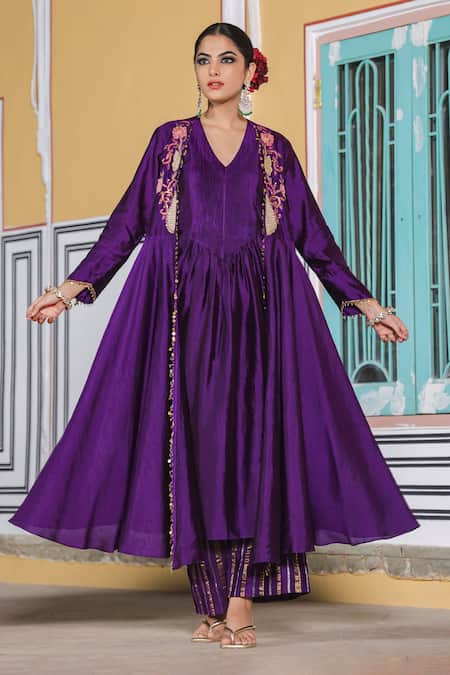 Label Niti Bothra Purple Pure Banarasi Spun Silk Woven And Embroidered Applique Work Anarkali Set 