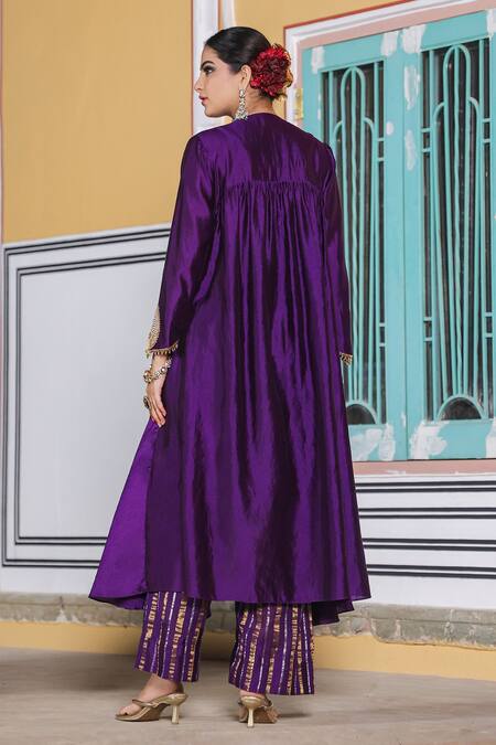 Shop_Label Niti Bothra_Purple Silk Pearls, Applique, Sequins, Zari Work Banarasi Jacket Anarkali Set_at_Aza_Fashions