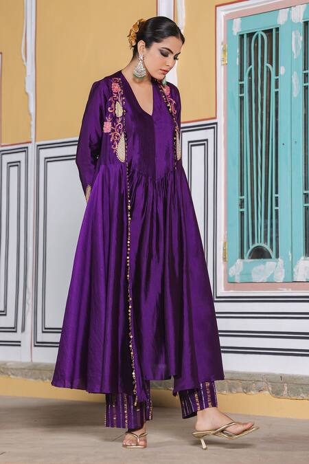 Shop_Label Niti Bothra_Purple Silk Pearls, Applique, Sequins, Zari Work Banarasi Jacket Anarkali Set_Online_at_Aza_Fashions