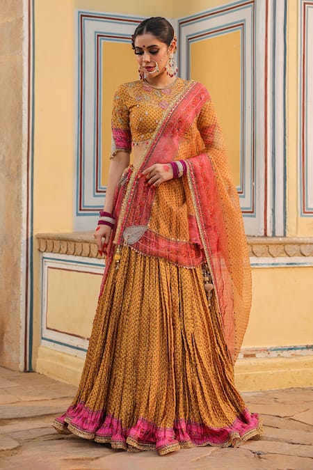 Label Niti Bothra_Yellow Silk Pearls, Applique, Sequins, Beads Cheent Print Pleated Lehenga Set _Online_at_Aza_Fashions