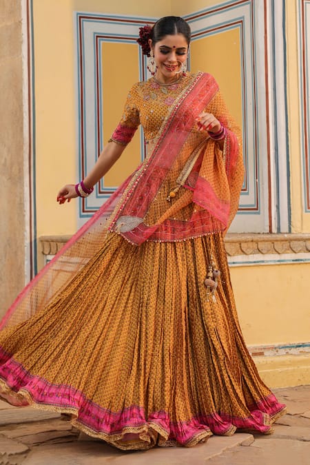 Buy_Label Niti Bothra_Yellow Silk Pearls, Applique, Sequins, Beads Cheent Print Pleated Lehenga Set _Online_at_Aza_Fashions