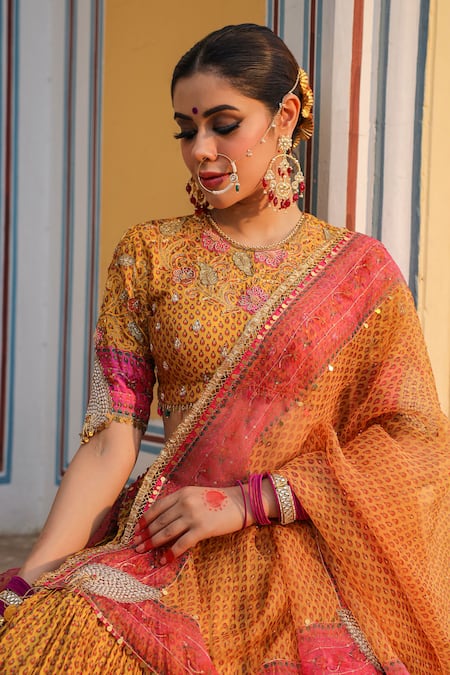 Shop_Label Niti Bothra_Yellow Silk Pearls, Applique, Sequins, Beads Cheent Print Pleated Lehenga Set _Online_at_Aza_Fashions