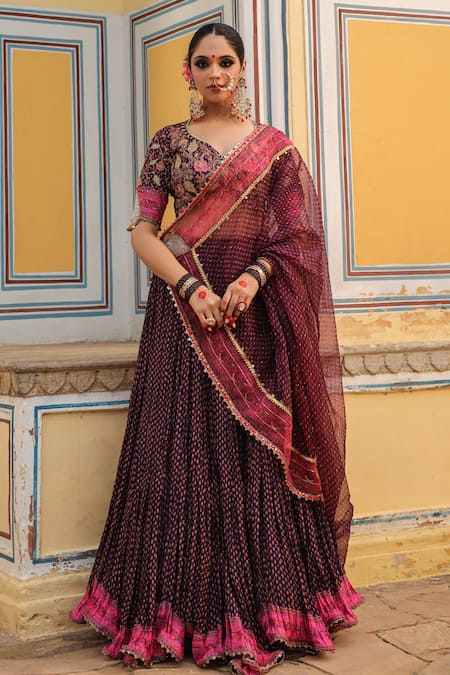 Label Niti Bothra Purple Silk Printed And Embroidered Cheent Leaf Neck Pleated Lehenga Set 