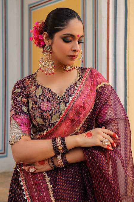 Label Niti Bothra_Purple Silk Pearls, Zari, Sequins, Tassels Cheent Print Pleated Lehenga Set _Online_at_Aza_Fashions