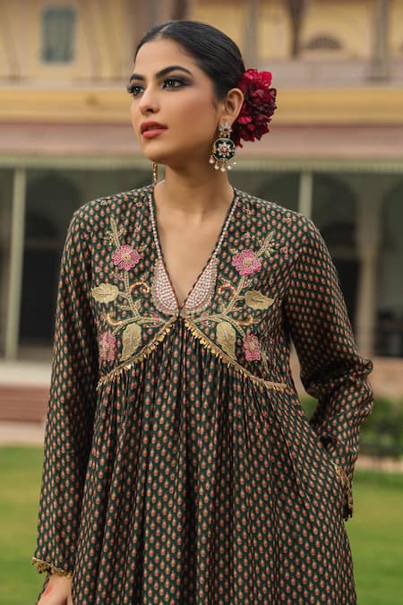 Label Niti Bothra_Green Silk Pearls, Applique, Embroidery Gathered Printed Kurta And Palazzo Set _Online_at_Aza_Fashions