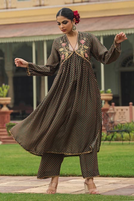 Shop_Label Niti Bothra_Green Silk Pearls, Applique, Embroidery Gathered Printed Kurta And Palazzo Set _Online_at_Aza_Fashions