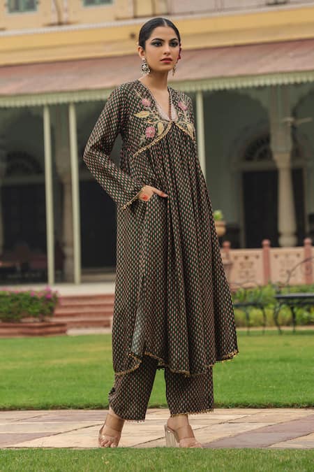 Label Niti Bothra_Green Silk Pearls, Applique, Embroidery Gathered Printed Kurta And Palazzo Set _at_Aza_Fashions