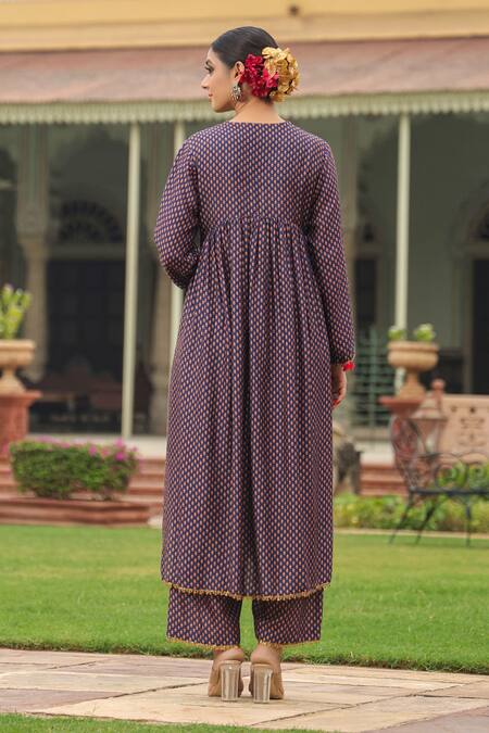Shop_Label Niti Bothra_Purple Silk Pearls, Applique, Zari, Cheent Print Gathered Kurta And Palazzo Set _at_Aza_Fashions