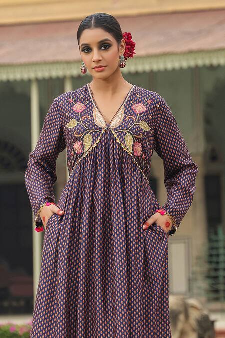 Label Niti Bothra_Purple Silk Pearls, Applique, Zari, Cheent Print Gathered Kurta And Palazzo Set _Online_at_Aza_Fashions