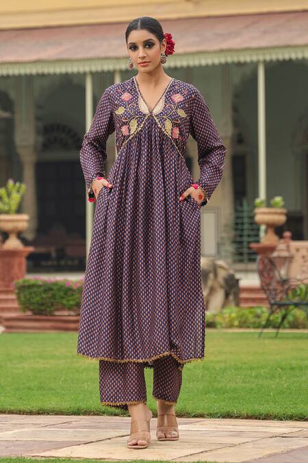 Buy_Label Niti Bothra_Purple Silk Pearls, Applique, Zari, Cheent Print Gathered Kurta And Palazzo Set _Online_at_Aza_Fashions