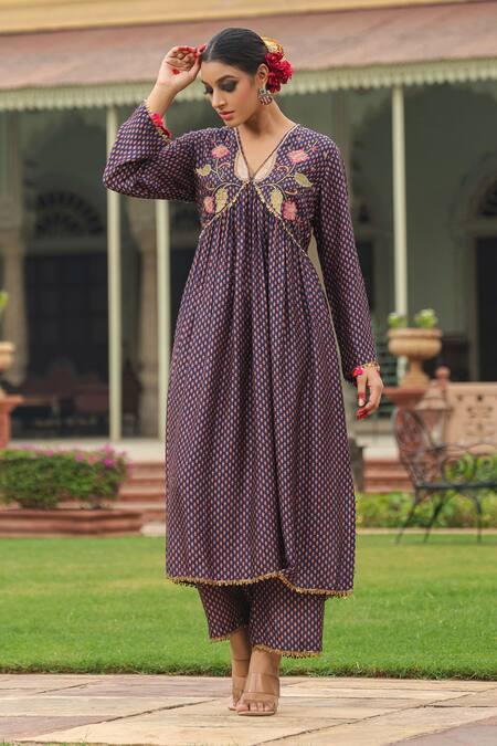 Shop_Label Niti Bothra_Purple Silk Pearls, Applique, Zari, Cheent Print Gathered Kurta And Palazzo Set _Online_at_Aza_Fashions