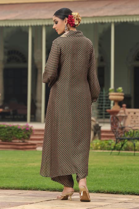 Shop_Label Niti Bothra_Green Silk Pearls, Applique Collared Printed Asymmetric Kurta And Palazzo Set _at_Aza_Fashions
