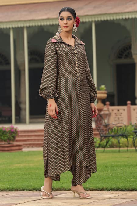 Label Niti Bothra_Green Silk Pearls, Applique Collared Printed Asymmetric Kurta And Palazzo Set _Online_at_Aza_Fashions