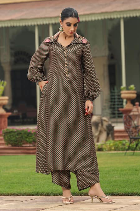 Shop_Label Niti Bothra_Green Silk Pearls, Applique Collared Printed Asymmetric Kurta And Palazzo Set _Online_at_Aza_Fashions