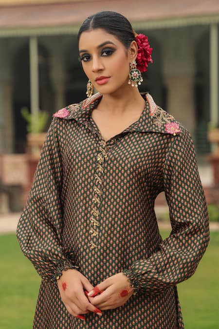Label Niti Bothra_Green Silk Pearls, Applique Collared Printed Asymmetric Kurta And Palazzo Set _at_Aza_Fashions