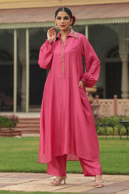 Label Niti Bothra Pink Silk Printed And Embroidered Cheent Asymmetric Kurta & Palazzo Set 