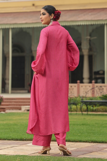 Shop_Label Niti Bothra_Pink Silk Pearls, Sequins, Applique Asymmetric Printed Kurta And Palazzo Set _at_Aza_Fashions