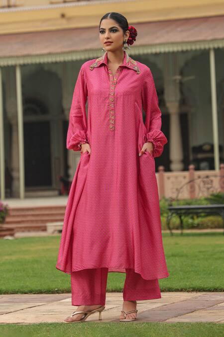 Label Niti Bothra_Pink Silk Pearls, Sequins, Applique Asymmetric Printed Kurta And Palazzo Set _Online_at_Aza_Fashions